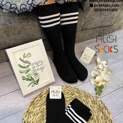 جوراب بچه گانه ساقدار رنگ مشکی و سبز ارتشی سه خط